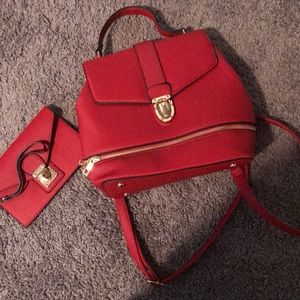 Red pleather book bag purse with wristlet